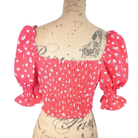 DIVIDEND by H&M Red White Floral Crop Top Blouse Puff Ruffle Sleeve Medium - Picture 3 of 8